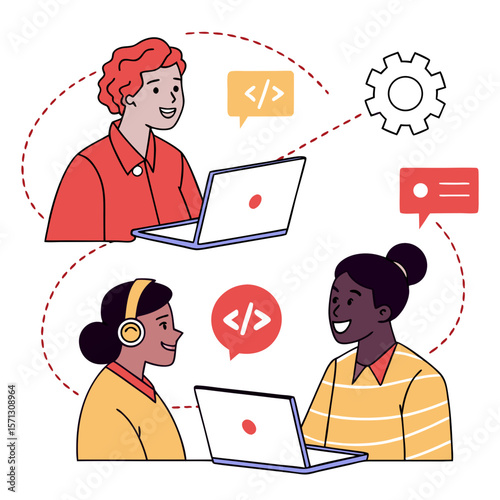 Two Diverse Programmers Collaborate on Project Using Laptops