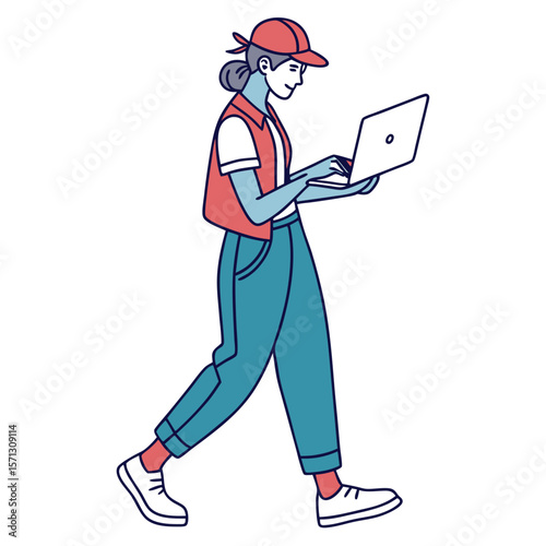 Walking Woman Using Laptop Illustration