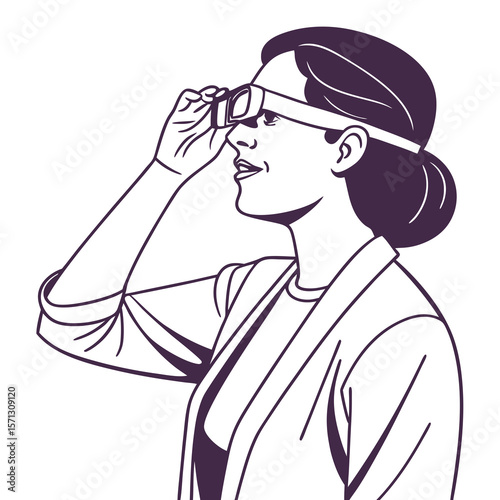 Woman Adjusting Glasses in Purple Monochromatic Illustration