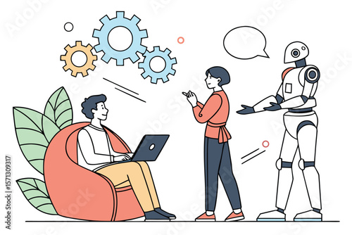 Illustration of a man working on a laptop with a woman and a robot standing nearby with gears above
