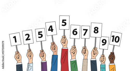 Judging panel holding up score cards numbers one through ten