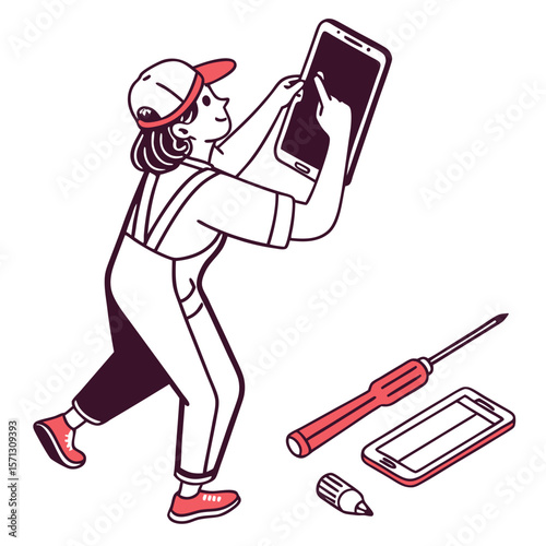 Woman Repairing Smartphone Isometric Illustration