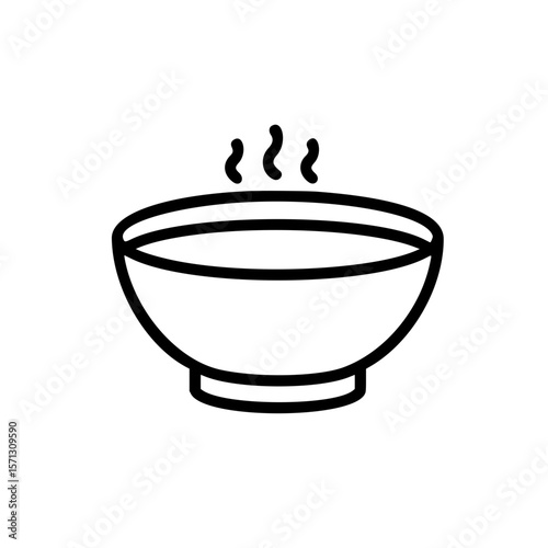 Bowl of hot soup with steam in simple linear vector icon  