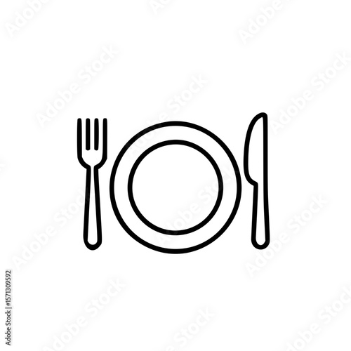 Fork and knife with plate in simple linear vector icon style  