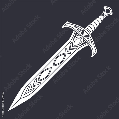 Elegant Medieval Sword with Intricate Blade Embellishments and Ornate Guard