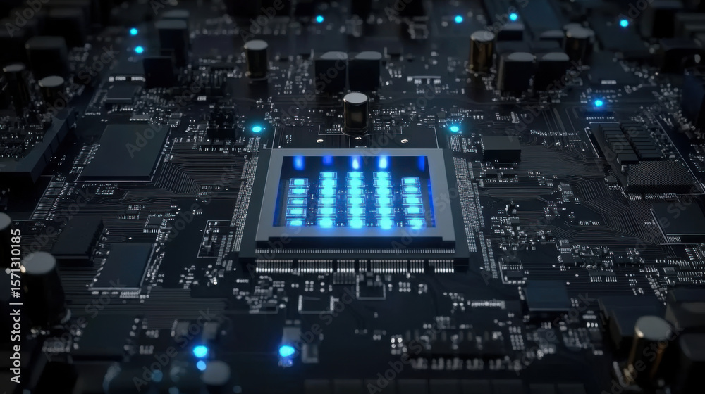 Obraz premium Glowing computer chip and CPU motherboard technology circuit board