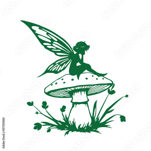 Fairy with wings sitting on mushroom silhouette vector design illustration.