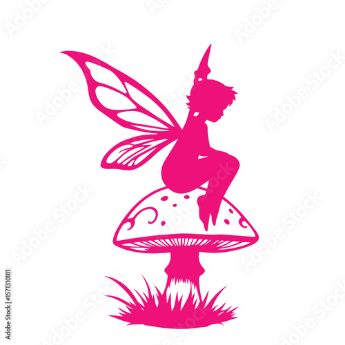 Fairy with wings sitting on mushroom silhouette vector design illustration.