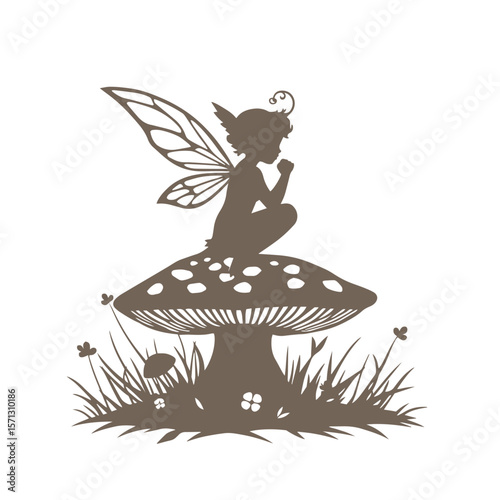 Fairy with wings sitting on mushroom silhouette vector design illustration.