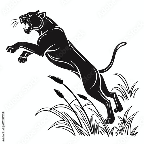 Powerful Black Panther Leaping Through Tall Grass Hunting Stealthy Predator