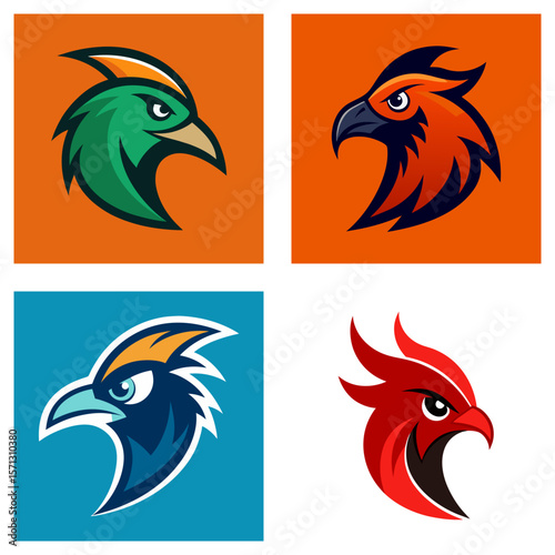 Collection of four stylized bird head logos in different colors and backgrounds in a square format image