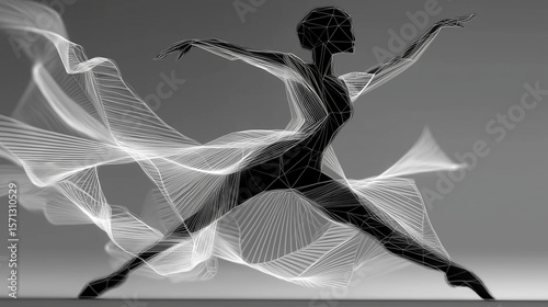 Dynamic Dance in Monochrome: Silhouette of a graceful dancer moving in fluid, dynamic motion, enveloped by ethereal light trails, embodying beauty and artistic expression.