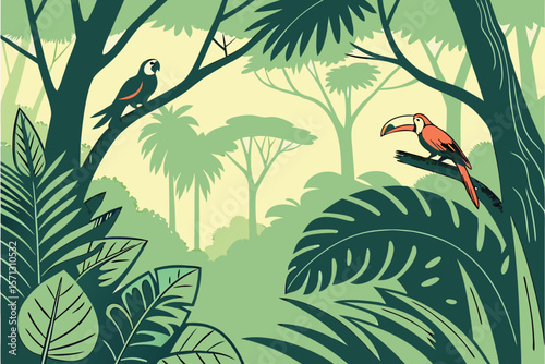 Illustration of a lush jungle scene with a toucan and parrot perched on branches in the foliage