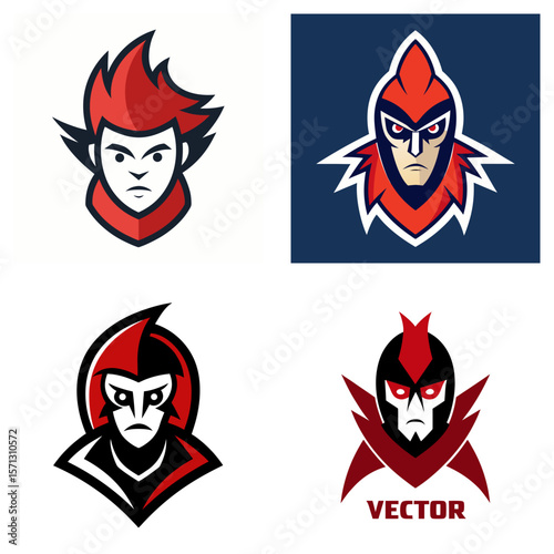 Collection of four stylized red and black superhero or villain head logos in square format image