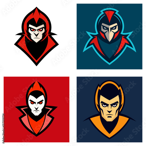 Collection of four stylized superhero portraits in vibrant colors and dynamic graphic design style