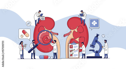 Tiny doctors are conducting medical research on a large kidney with a microscope and pills