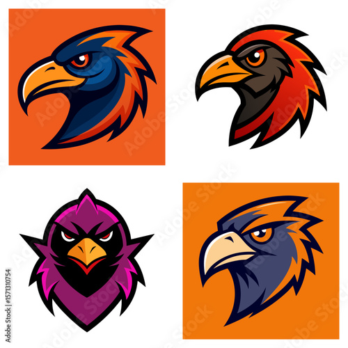 Collection of four stylized bird head logos in various colors against orange and white backgrounds