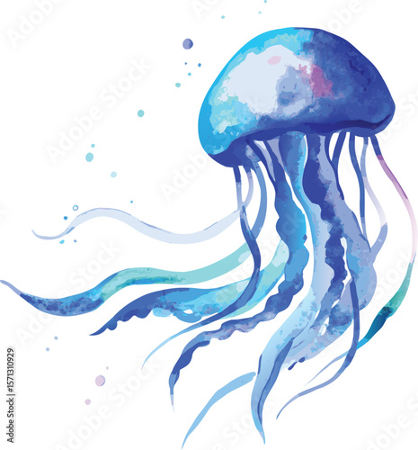 Blue jellyfish tentacles and bubbles watercolor illustration vector