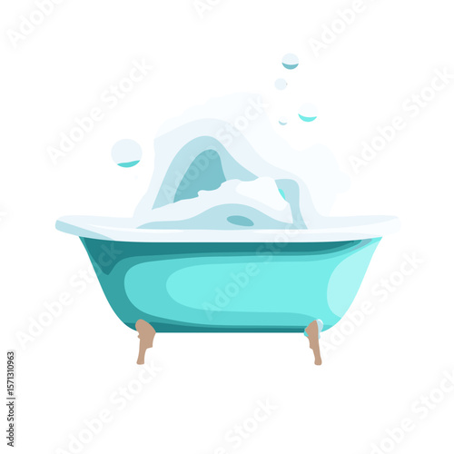 Stylish teal bathtub with bubbles and foam on a white background with copy space