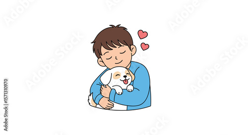 Adorable illustration of a happy boy hugging his beloved dog with hearts floating above them