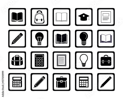 Education Icon Sets with Book, Graduation Cap, Calculator on White Background