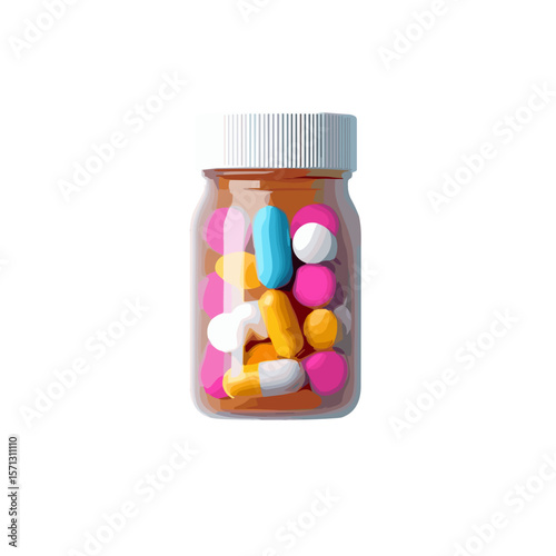 Colorful prescription pill bottle with assorted capsules on a white background and copy space