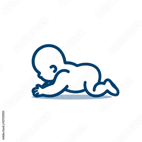 Simple line art illustration of a crawling baby in blue on a white background with copy space