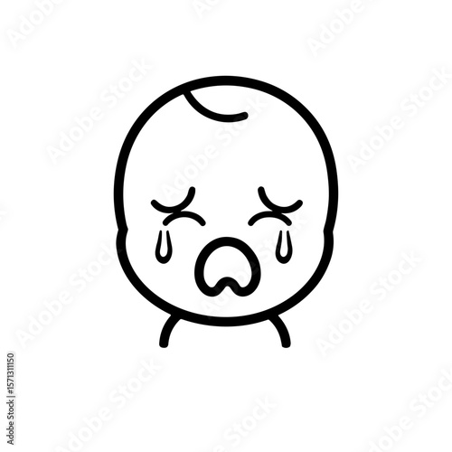 Simple line art illustration of a crying baby on a white background with copy space