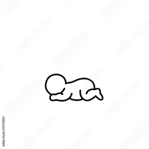Simple line art illustration of a crawling baby on a white background with copy space