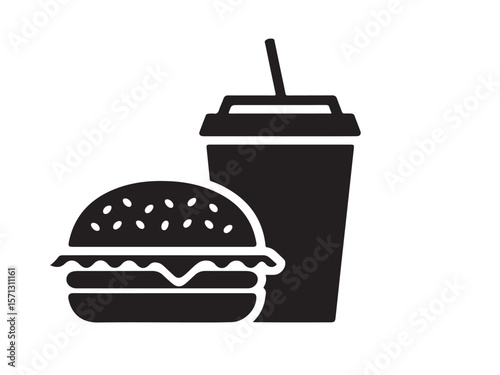 Black silhouette icon of a hamburger and a drink with a straw