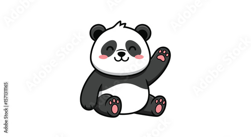 Cute cartoon panda waving hello friendly gesture sitting position adorable animal character isolated white background
