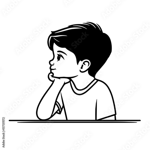 Line art illustration of a thoughtful boy resting his chin on his hand on a white background with copy space
