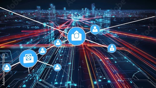 A futuristic cityscape with illuminated roads and digital icons representing connectivity.