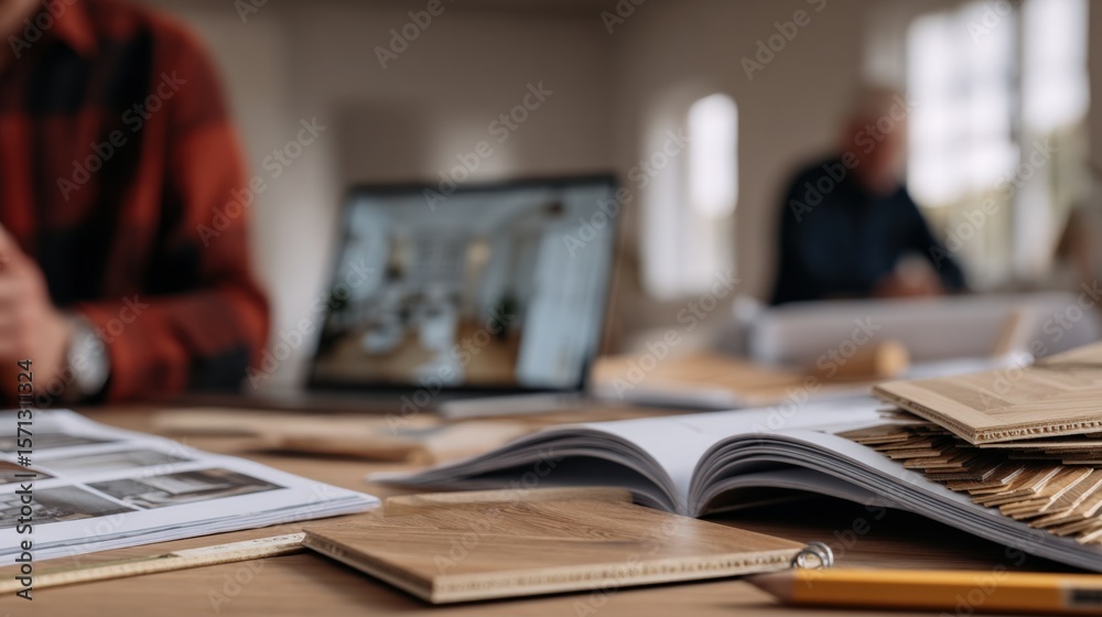 Wide-angle view of modern office workspace with open notebooks documents and people using laptops in bright professional environment Wide-angle view of modern office workspace with open notebooks documents and people using laptops in bright professional environment