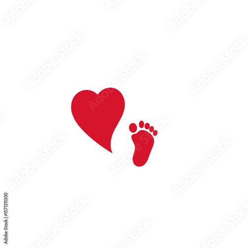 Red heart and baby footprint illustration on a white background with copy space