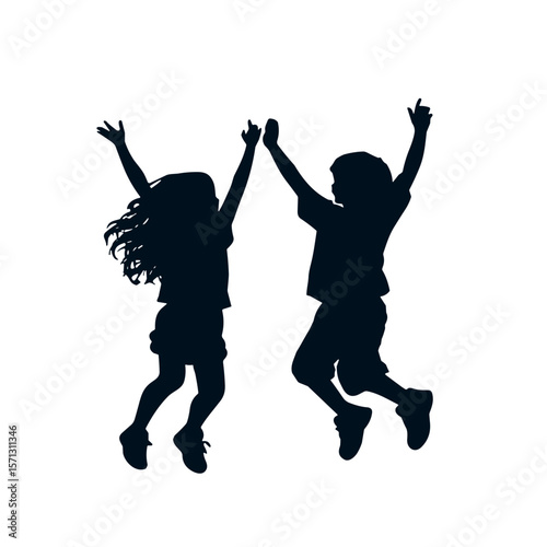 Silhouette illustration of a girl and a boy jumping together on a white background with copy space