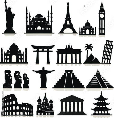 Famous Landmark Silhouette Vector Icon Set