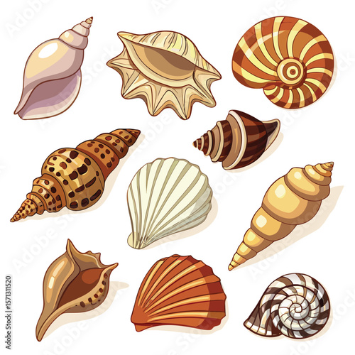 Assorted spiral and fan shaped seashells in warm earth tones conch