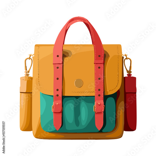 Stylish leather handbag with colorful design on a white background and copy space