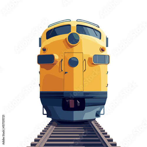 Front view of a bright yellow train on railway tracks with a minimalistic background