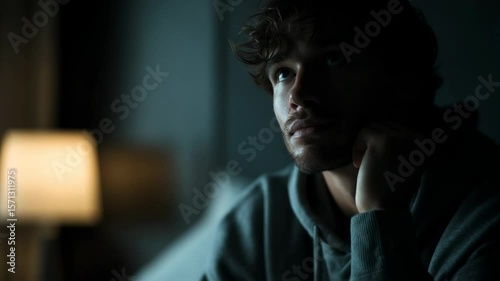 Sad pensive lonely young man sitting alone in dark bedroom