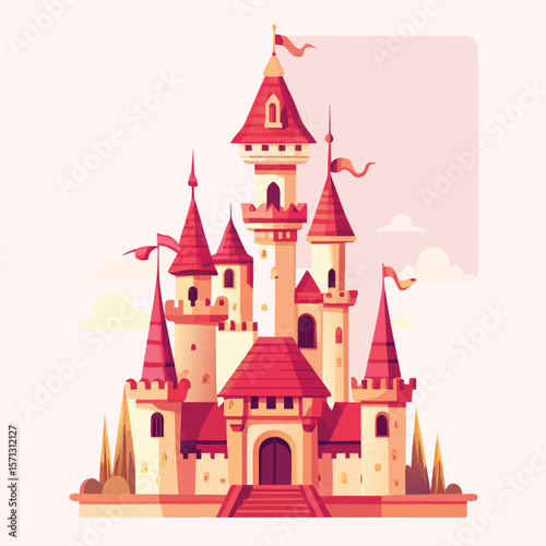 Majestic castle with red turrets and flags fairytale fantasy