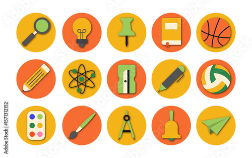 set of colourful icons of school and education supplies. stationery office supply. back to school vector collection