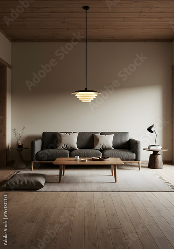 Wallpaper Mural Modern Japandi Living Room with Dark Wood Accents and Light Flooring Torontodigital.ca