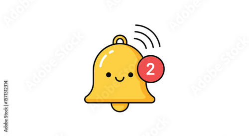 Cute kawaii bell notification alert symbol with two unread messages icon simple graphic design element