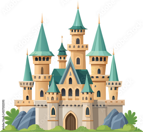 Ornate fairytale castle with teal spires and stone base fantasy architecture