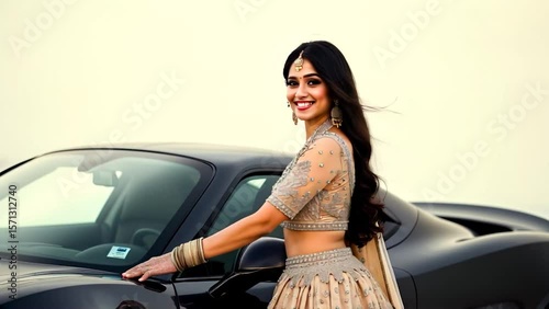 Stylish Indian woman in beige embroidered lehenga smiling confidently beside sleek black luxury car, blending modern fashion with traditional elegance, Generative Ai.