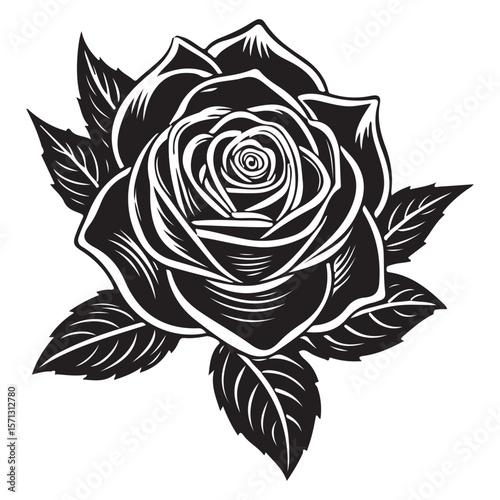 Black and white vector rose flower illustration with floral pattern and decorative elements