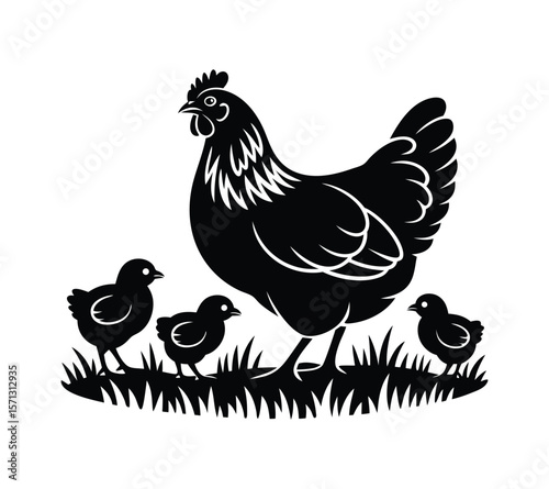 Mother Hen with Chicks Family Vector Illustration On White Background

