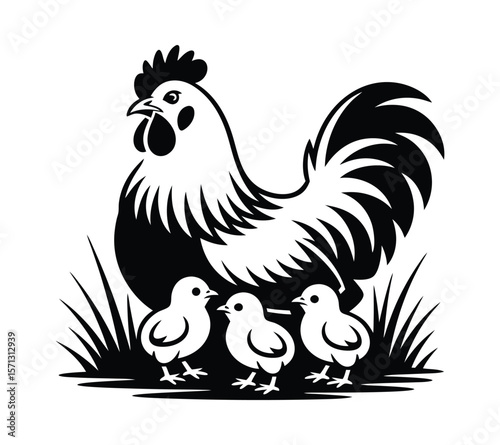 Mother Hen with Chicks Family Vector Illustration On White Background

